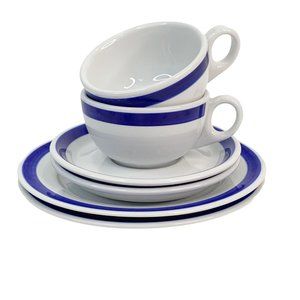 Crate Barrel Cobalt Blue Band Cup Saucer Dessert Plate Breakfast Set 2 Bistro